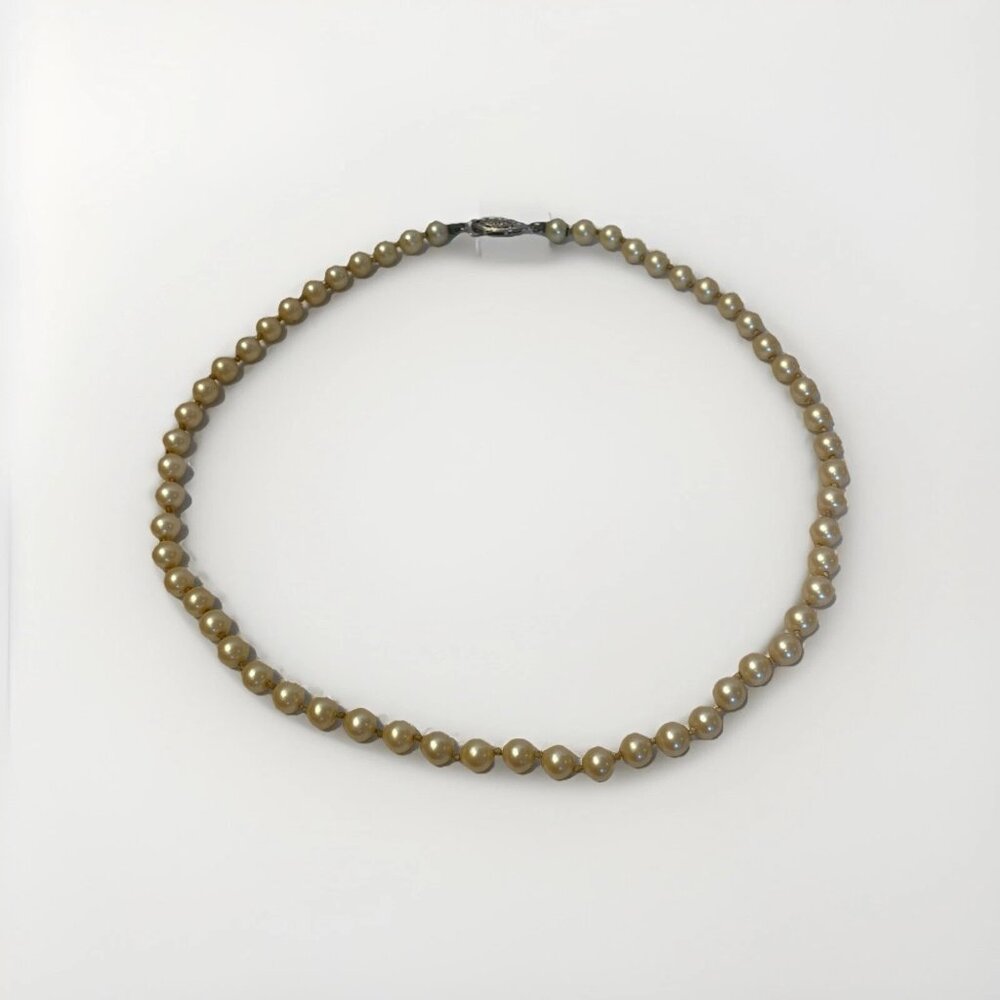 Vintage G Silver Faux Champagne Pearl Necklace Filigree Box Clasp 17 in
